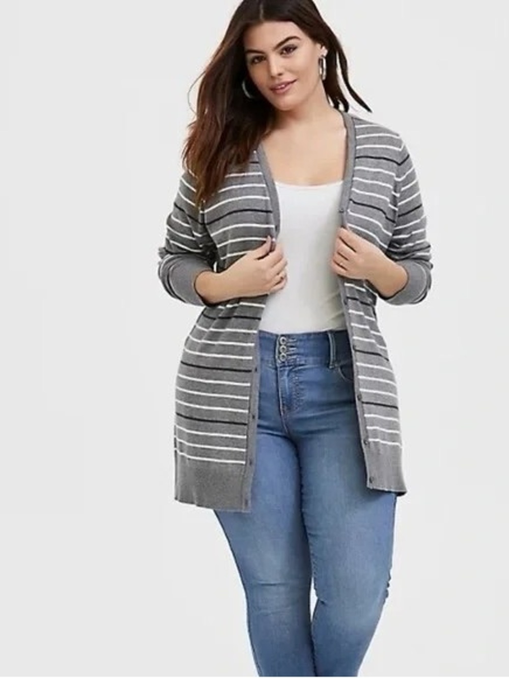 Torrid Grey and White Striped Open-Front Cardigan Sweater